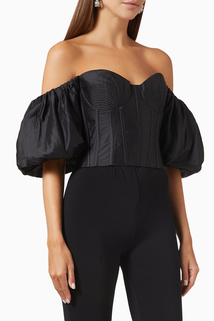 

Puff Sleeve Bustier Top in Silk, Black