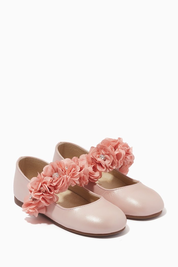 

3D Floral Ballerina Shoes in Leather, Pink