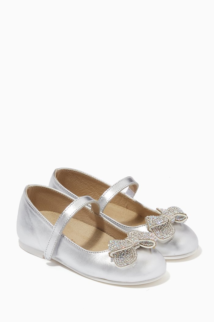 

Glitter Bow Ballerina Shoes in Metallic Leather, Silver