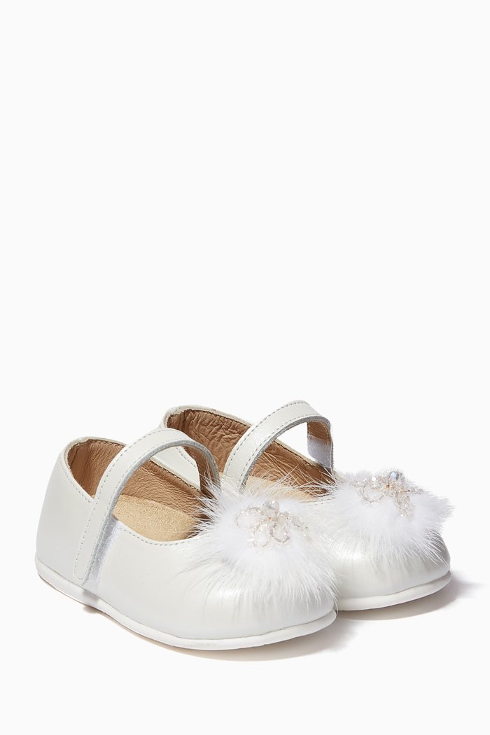 

Pom Pom Ballerina Shoes in Smooth Leather, White
