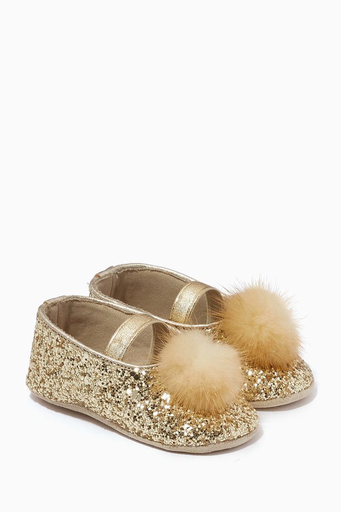 

Pom Pom Glitter-embellished Ballerina Shoes, Gold