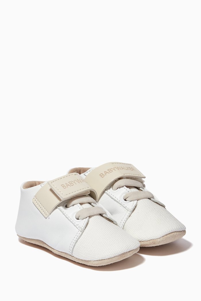 

Lace-up Velcro Strap Sneakers in Textile & Leather, White