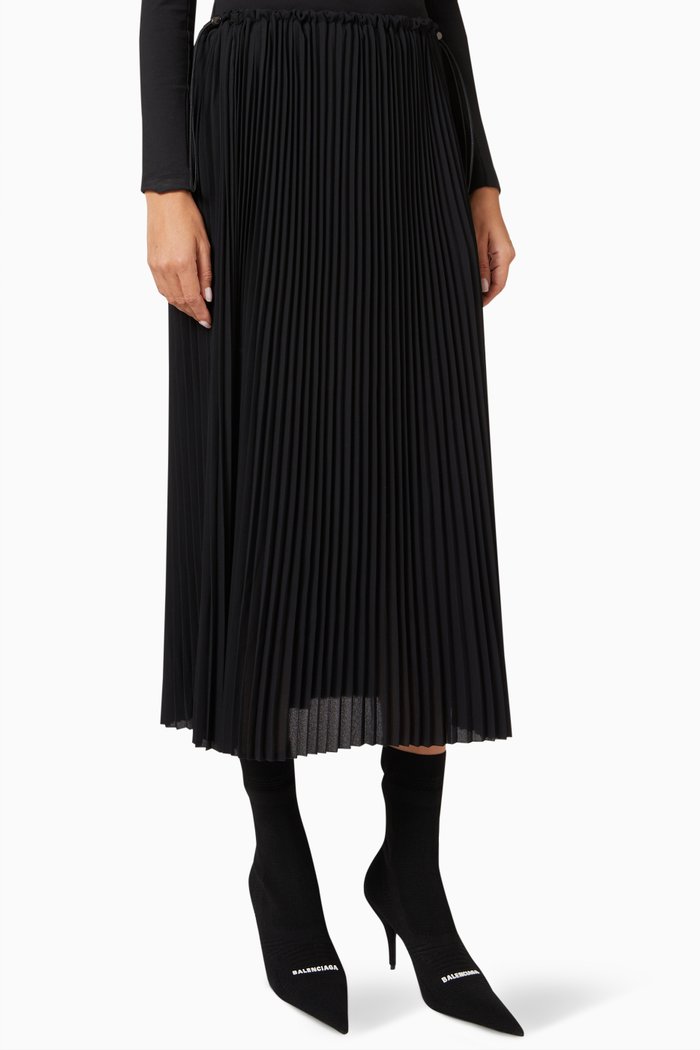 Pleated Drawstring Skirt in Satin, Black