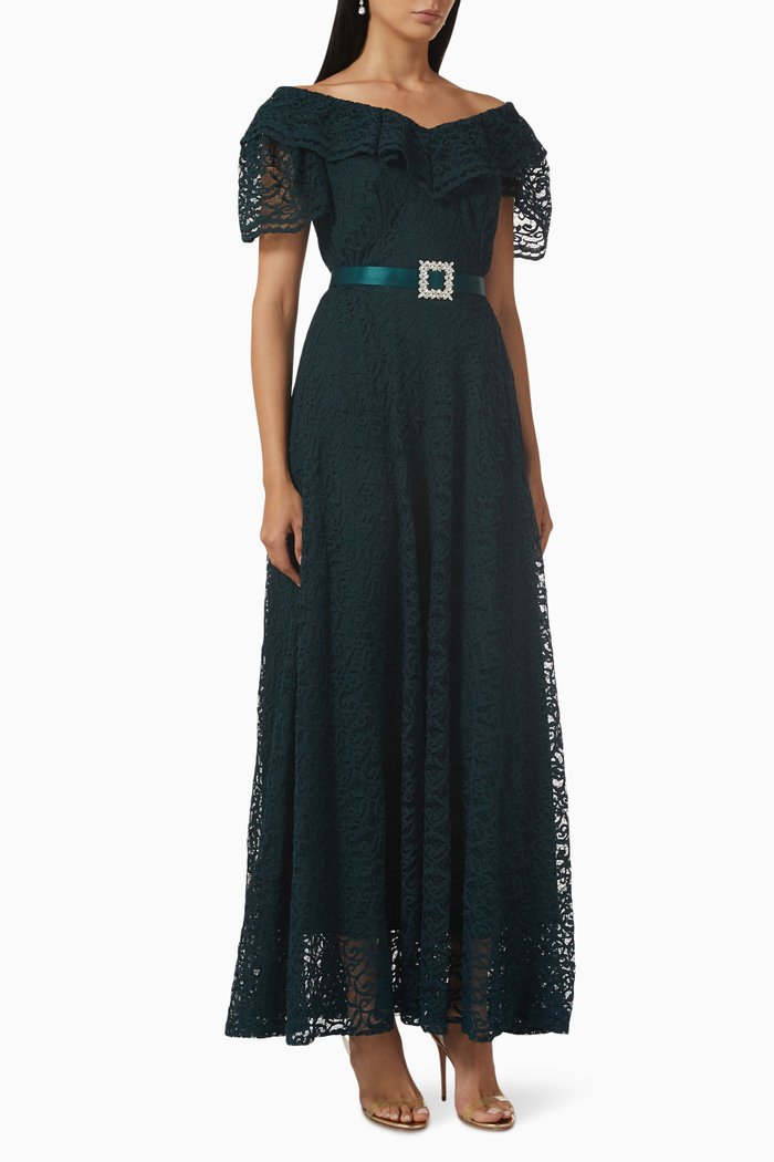 

Off-shoulder Maxi Dress in Lace, Green