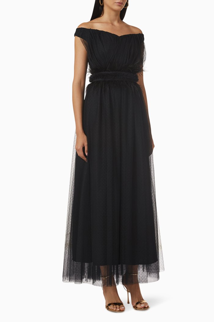 

Off-shoulder Maxi Dress in Tulle, Black