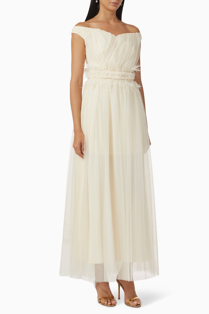 Off-shoulder Maxi Dress in Tulle, Neutral