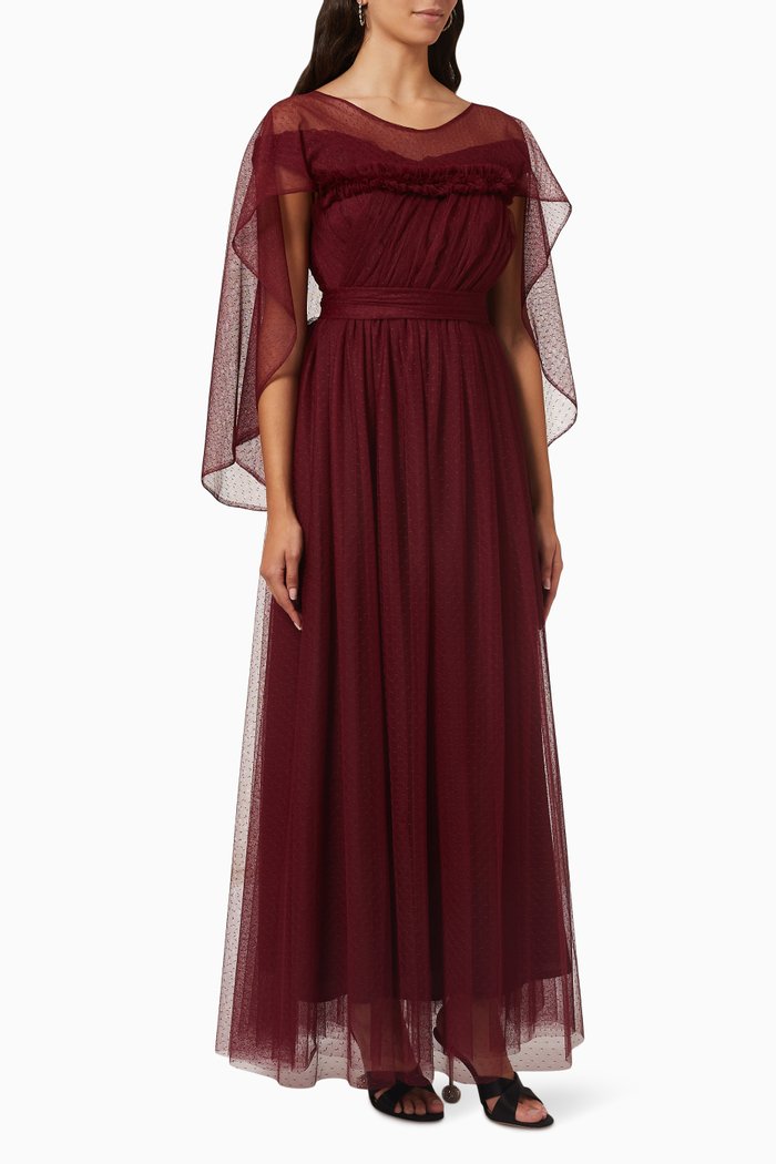 

Cape Sleeve Maxi Dress in Tulle, Red