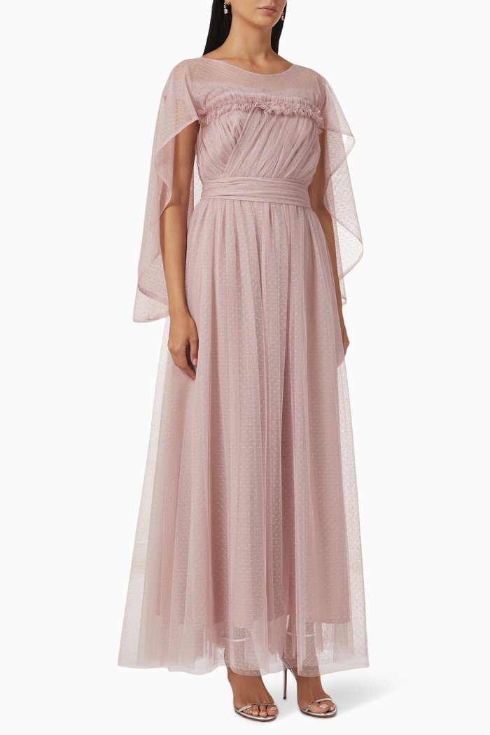 

Cape Sleeve Maxi Dress in Tulle, Pink