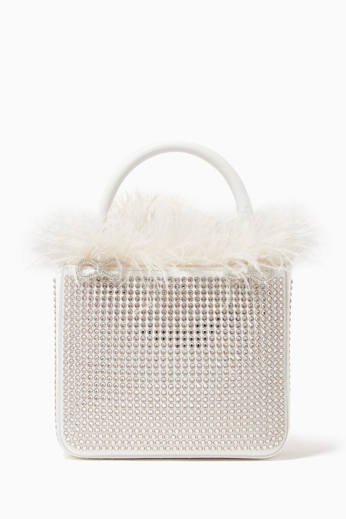 Crystallized Feather Trim Tote Bag in Satin, White