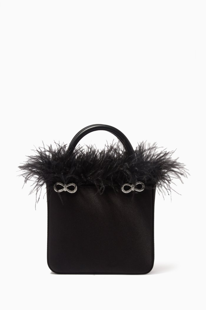 Feather Trimmed Crystal Bows Tote in Satin, Black