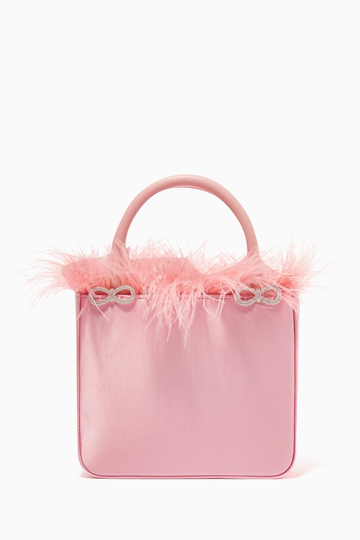 

Feather Trimmed Crystal Bows Tote in Satin, Pink