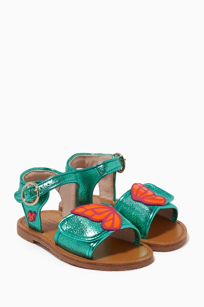 

Butterfly-embroidered Sandals in Metallic Leather, Blue