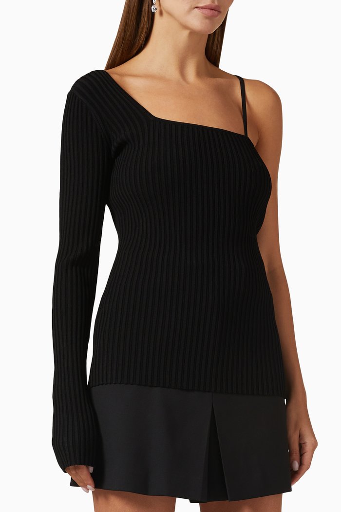 

One-Shoulder Top in Rib Knit, Black