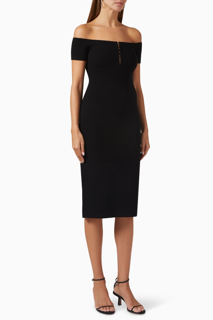 

Off-the-Shoulder Midi Dress in Rib Knit, Black