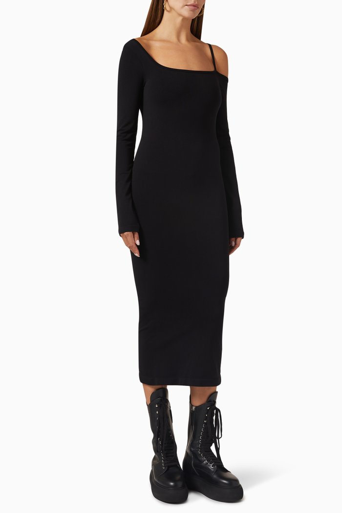 

One-Shoulder Dress in Rib Knit, Black