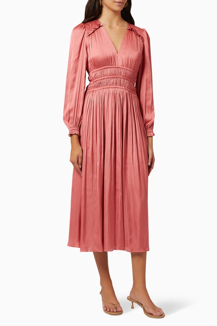

Pleated Midi Dress in Satin, Red