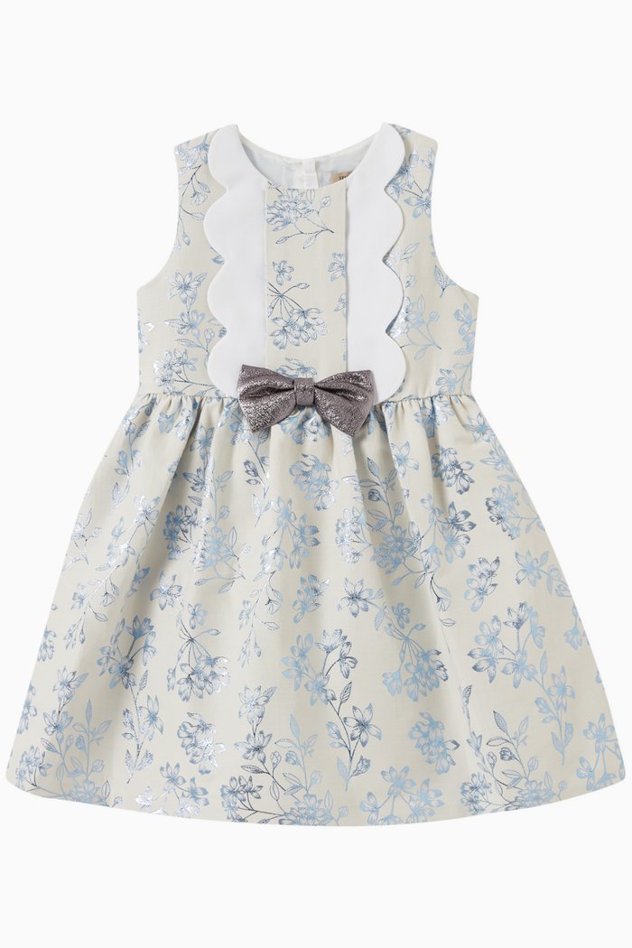 Scalloped Floral Dress in Jacquard, Blue