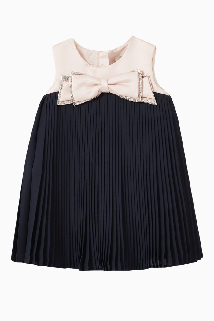 

Pleated Trapeze Dress & Bloomers Set in Satin & Chiffon, Blue