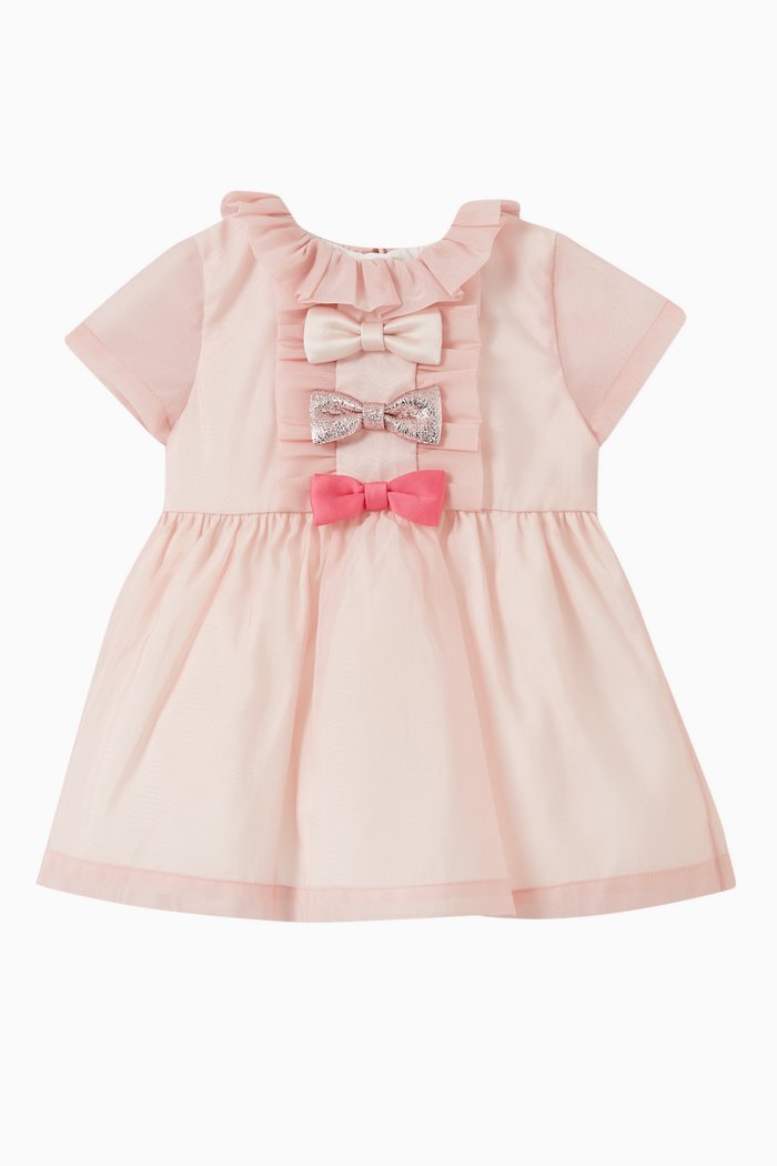 

Multi Bow Dress & Bloomers Set in Organza, Pink