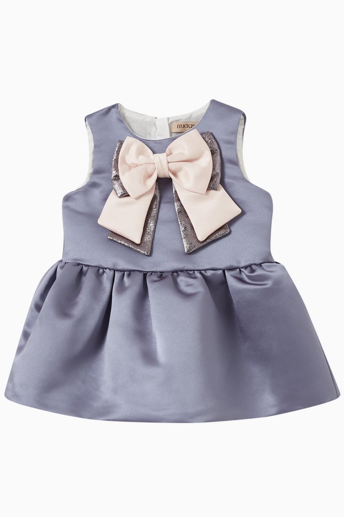 

Double Bow Tiered Dress & Bloomers Set in Luxe Duchess Satin, Purple