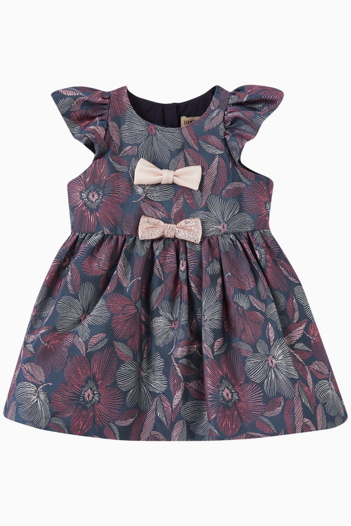 Floral Bow Dress & Bloomers Set in Satin Jacquard, Blue