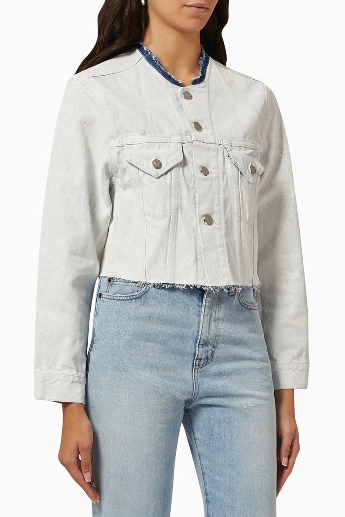 

Cropped Collarless Jacket in Denim, White