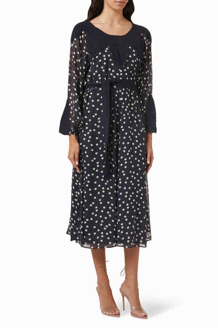 

Irene Crochet Polka-dot Midi Dress in Viscose, Blue