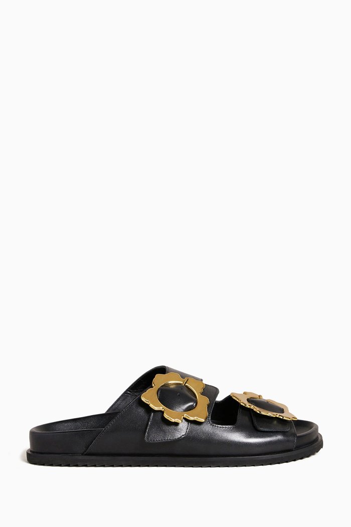 

Flolah Magnolia Buckle Slides in Leather, Black