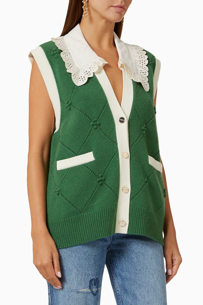 

Sleeveless Collared Vest in Wool, Green