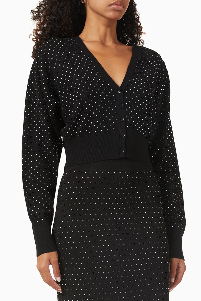 

Rayane Cropped Rhinestone Cardigan in Knit, Black