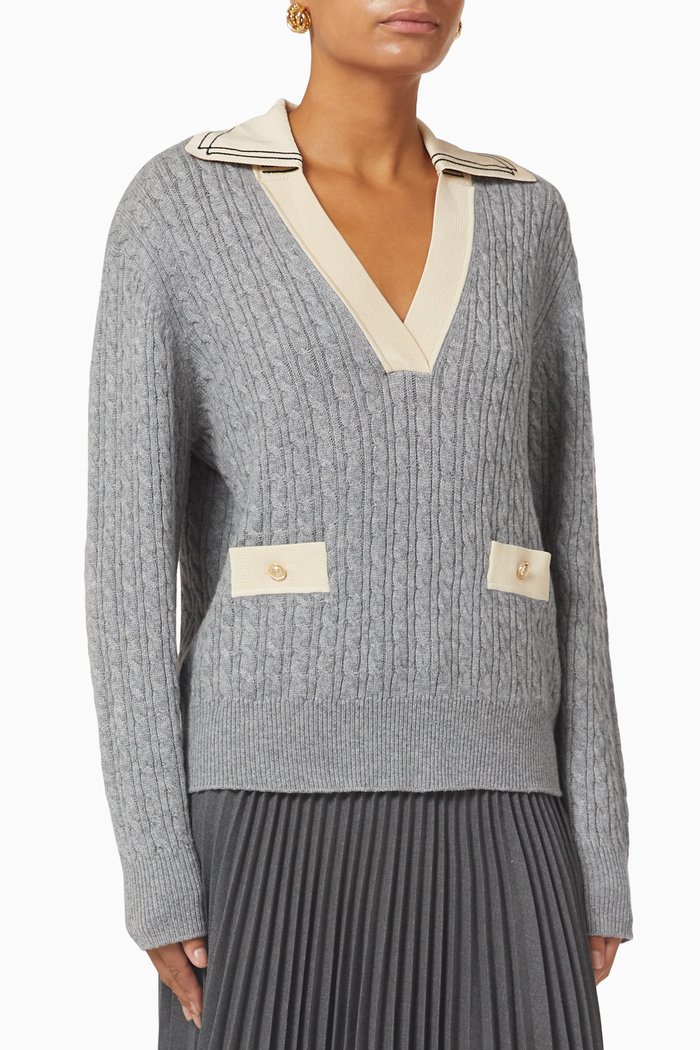 

V-neck Cable-knit Sweater in Wool-blend, Grey