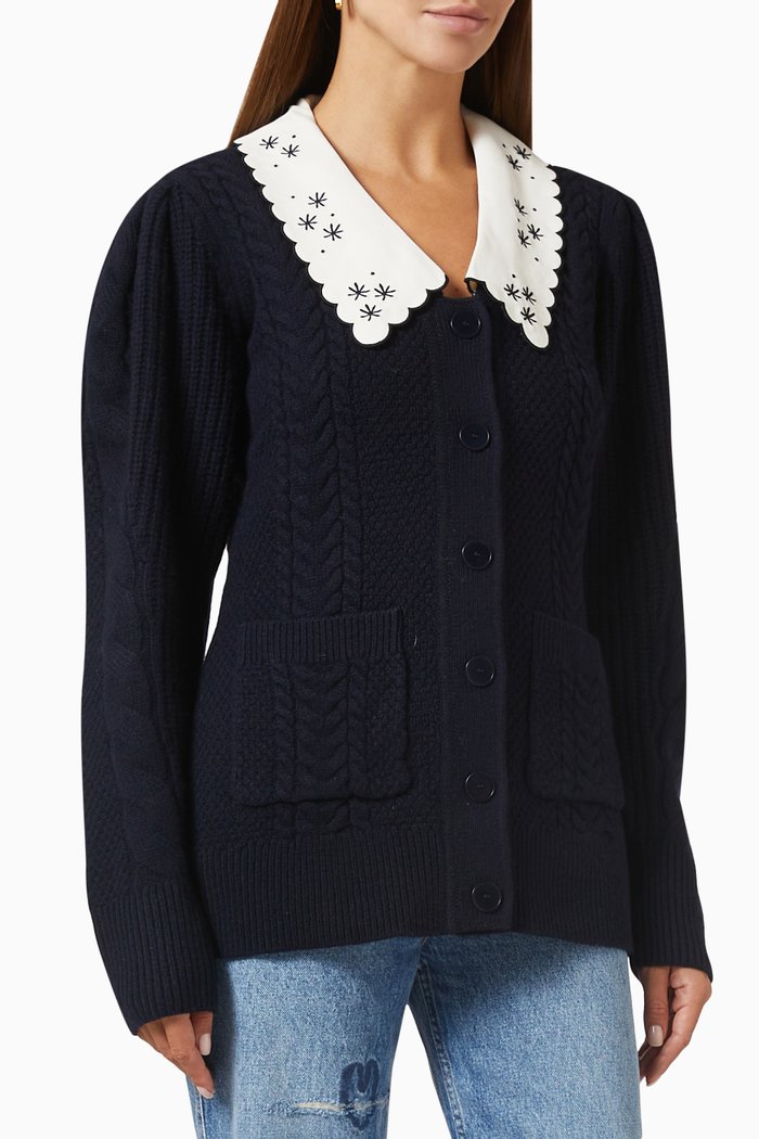 

Porcelaine Embroidered-collar Cardigan in Wool-knit, Blue