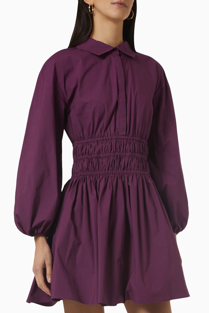 

Smocked-waist Mini Shirt Dress in Cotton, Purple