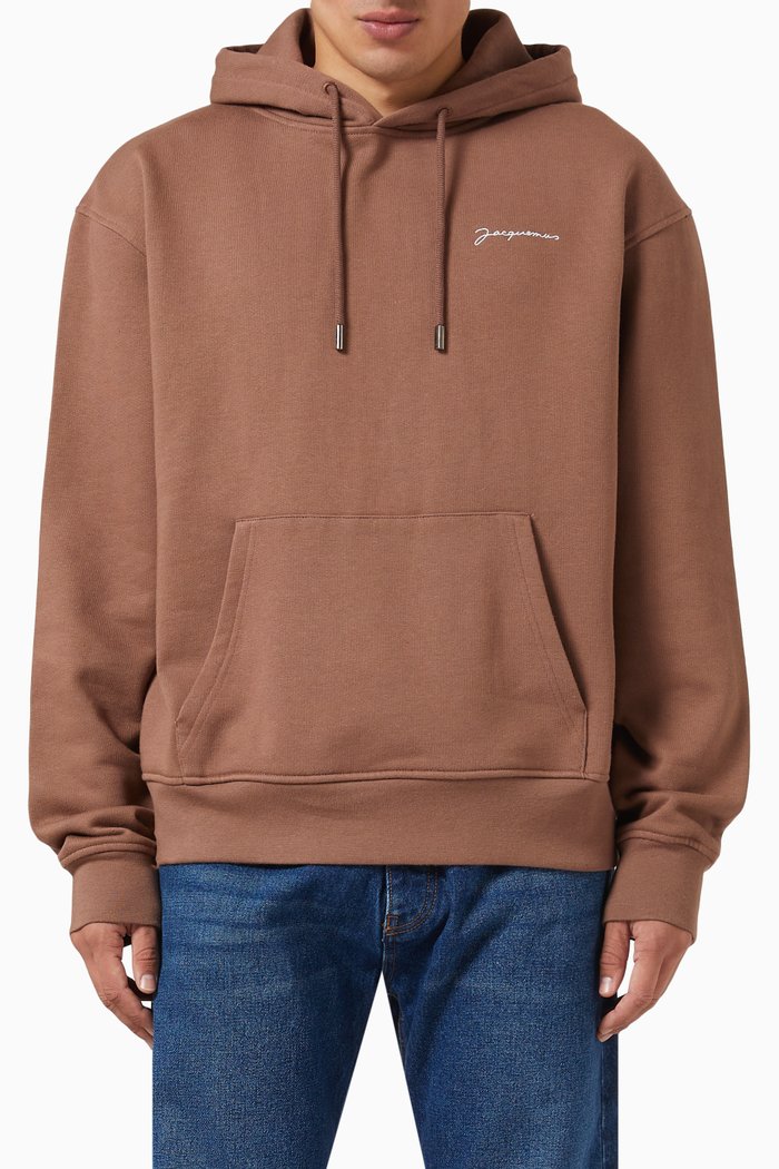 Embroidered Logo Hoodie in Organic Cotton, Brown