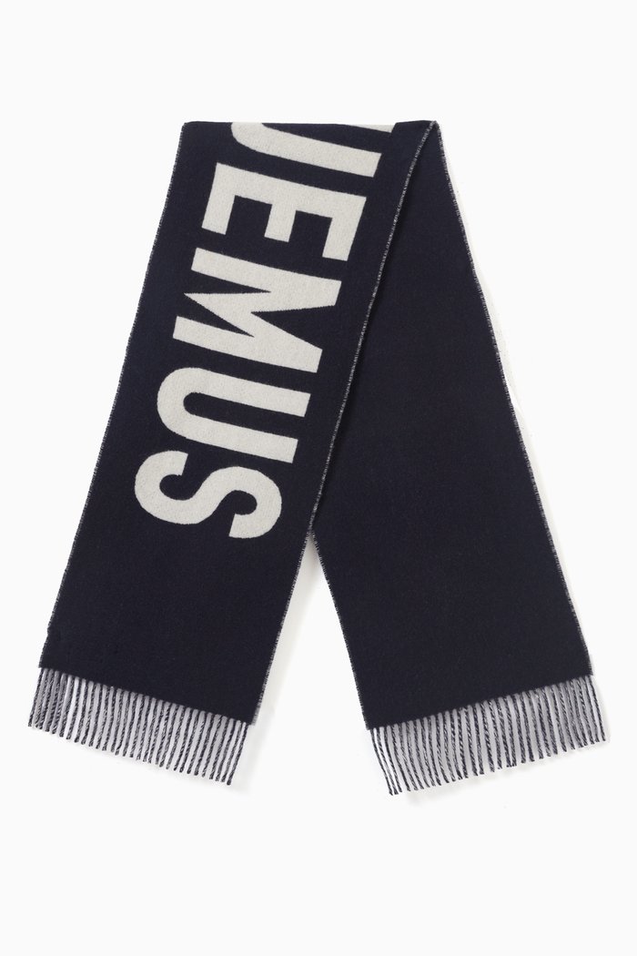 Logo Fringed Scarf in Wool, Blue