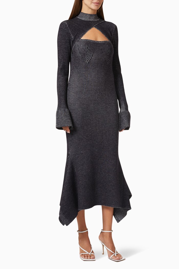 

Cut-out Bi-colour Midi Dress in Wool Blend, Black