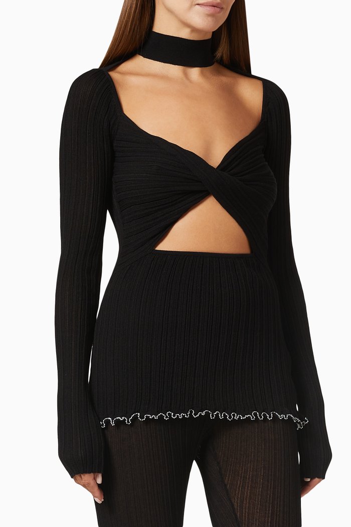 

Twist-front Cut-out Top in Ribbed-knit, Black
