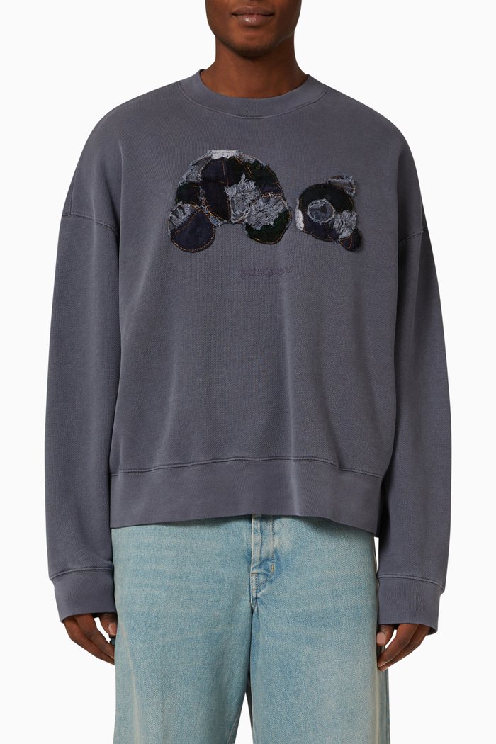 

Patchwork Ripped Bear Sweatshirt in Cotton Terry, Blue