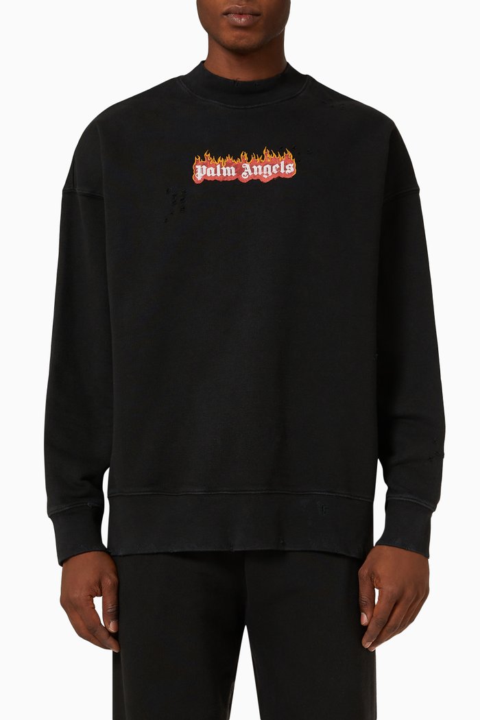

Burning Logo Crewneck Sweatshirt in Cotton Terry, Black