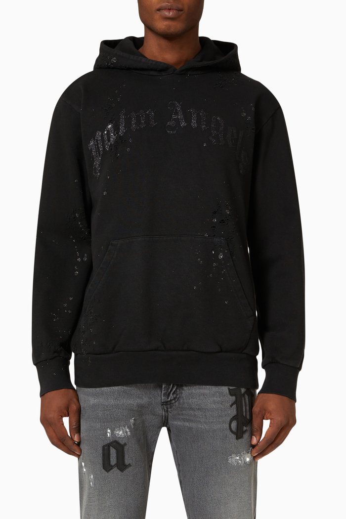 

Glittered Logo Distressed Hoodie in Cotton Terry, Black