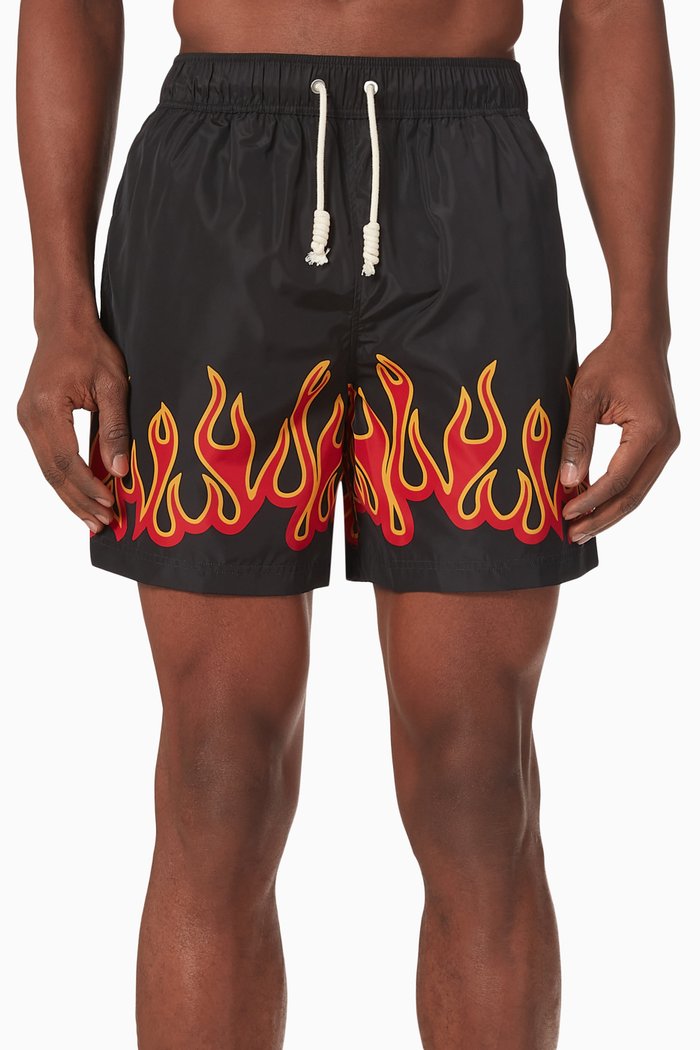 

Burning Flames Print Swim Shorts, Black