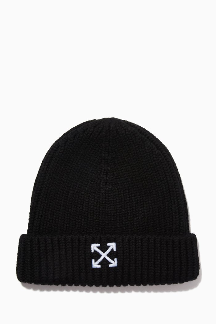 Arrows Beanie in Ribbed Wool Knit, Black