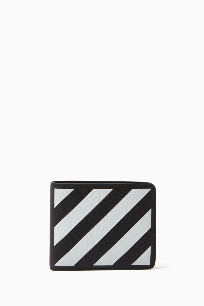 

Diagonal Stripe Slim Bi-fold Wallet in Leather, Black