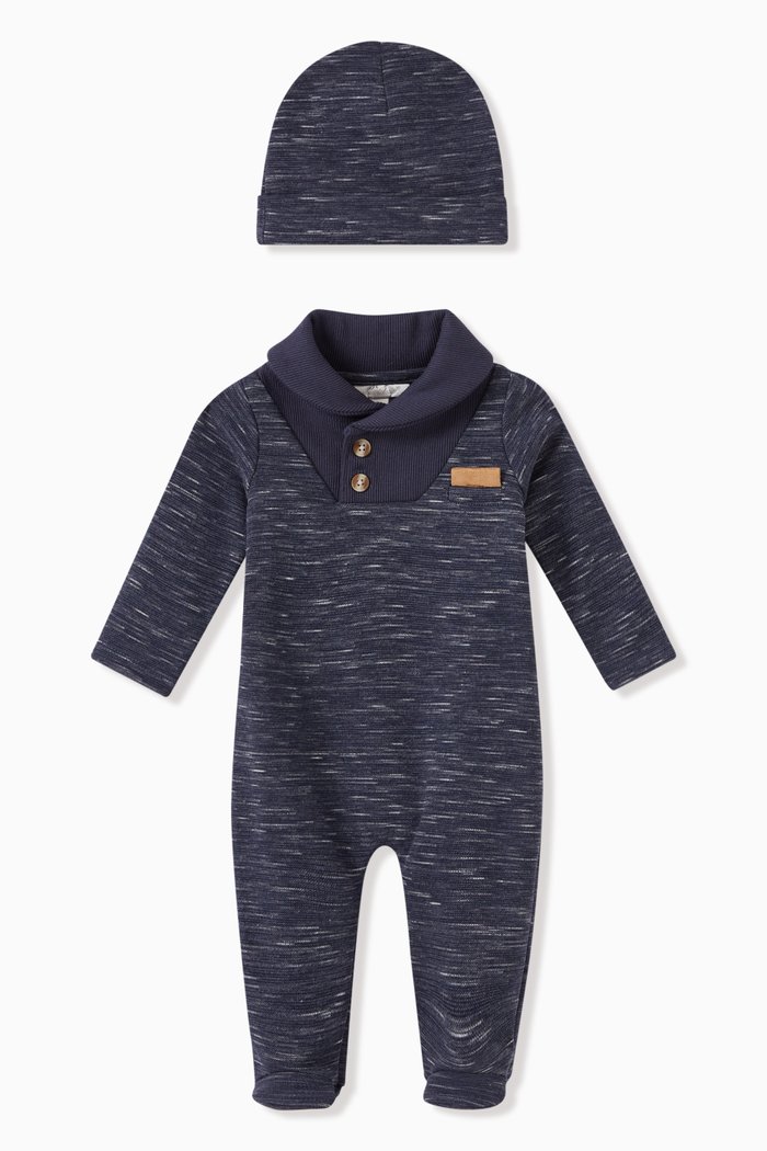 Printed Pyjama and Hat in Cotton, Set of Two, Blue