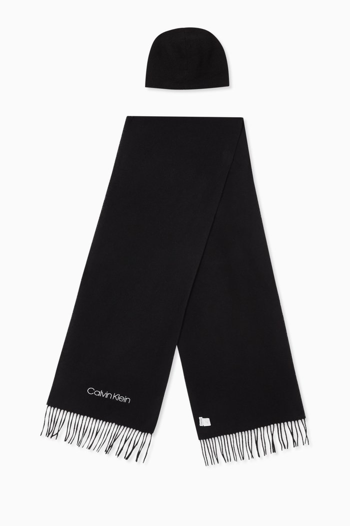Beanie Hat & Scarf Set in Knit, Black