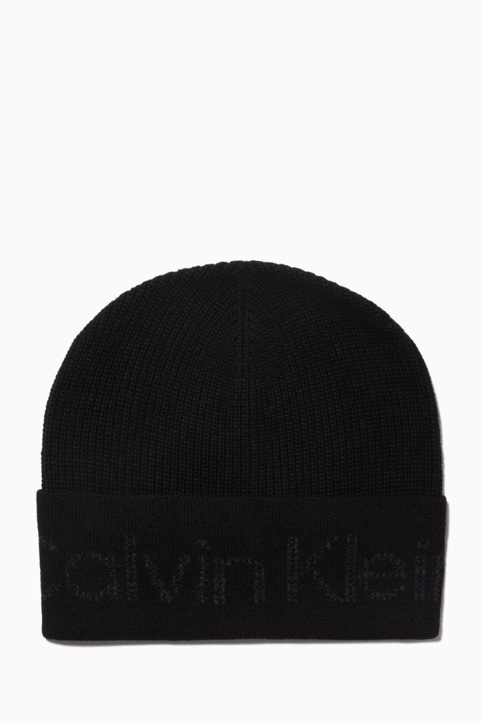 Signature Logo Beanie in Ribbed Knit, Black