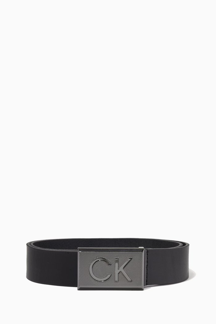 CK Plaque Belt in Leather, Black