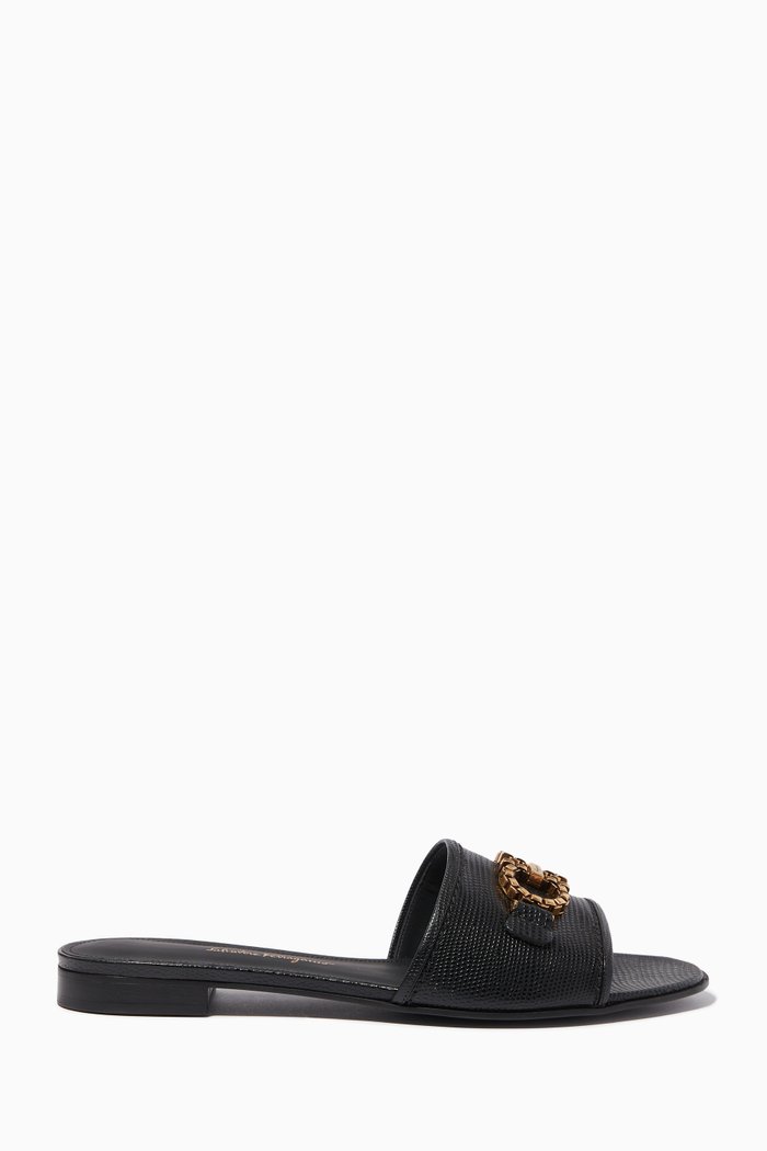 

Gancini Flat Mules in Lizard-printed Calf Leather, Black