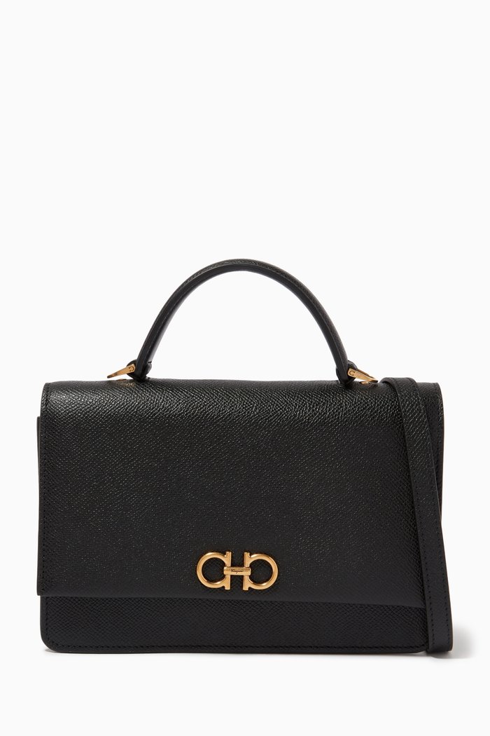Gancini Mini Bag in Hammered Calf Leather, Black