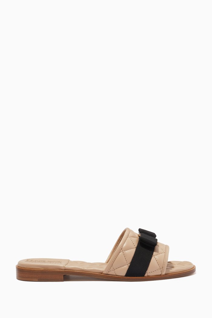

Vara Bow Slides in Quilted Nappa Leather, Neutral